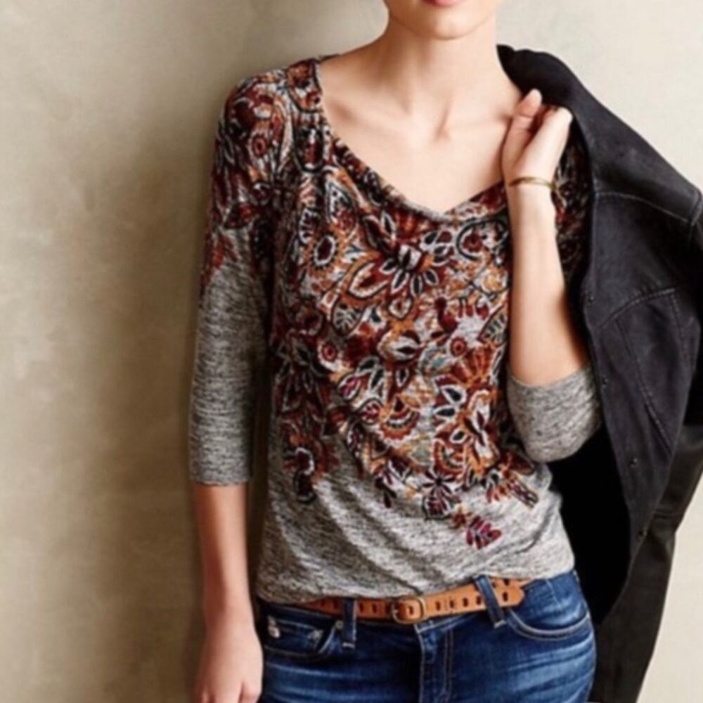 Anthropologie Postal Stamp Gray Floral Top M